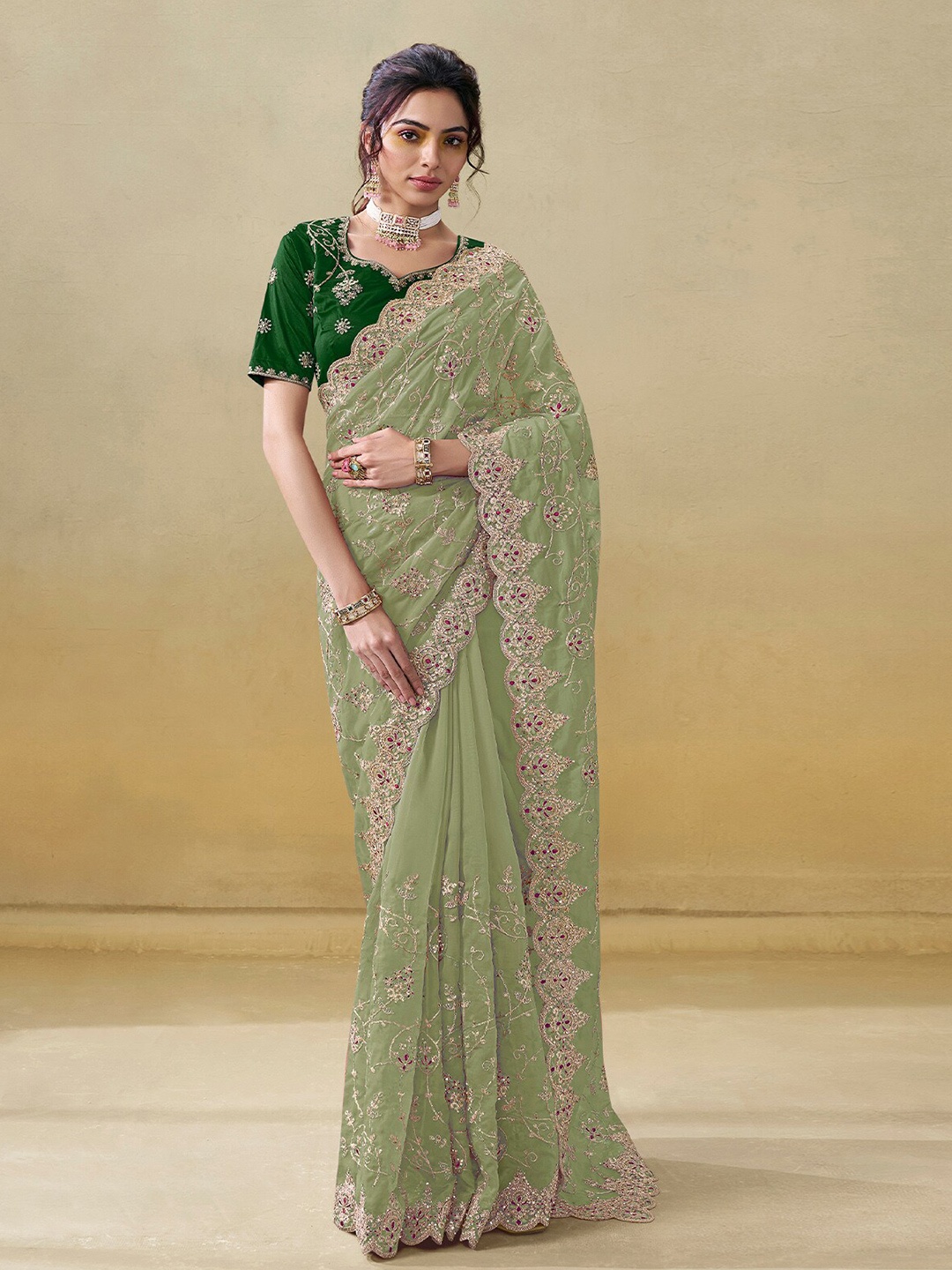 

ODETTE Ethnic Motifs Beads and Stones Organza Saree, Green