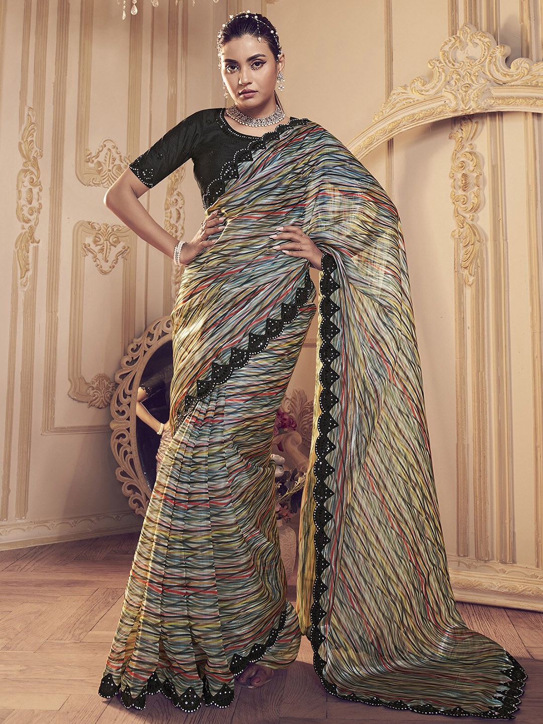 ODETTE Striped Printed Beads and Stones Silk Saree, Green