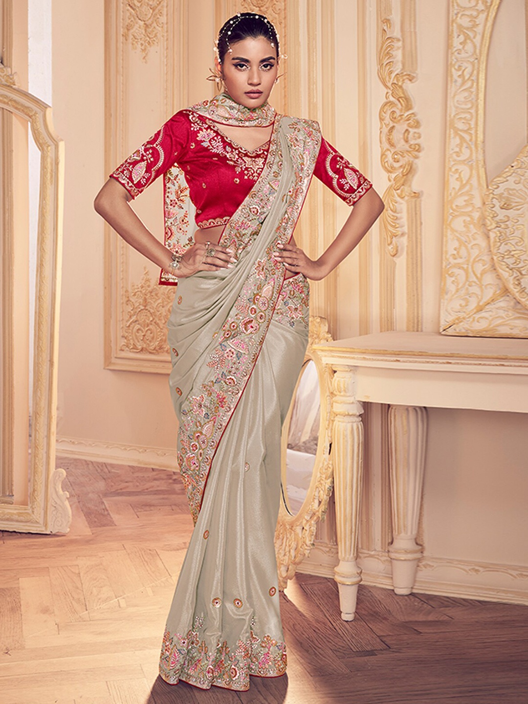 

ODETTE Ethnic Motifs Embroidered Georgette Saree, Beige