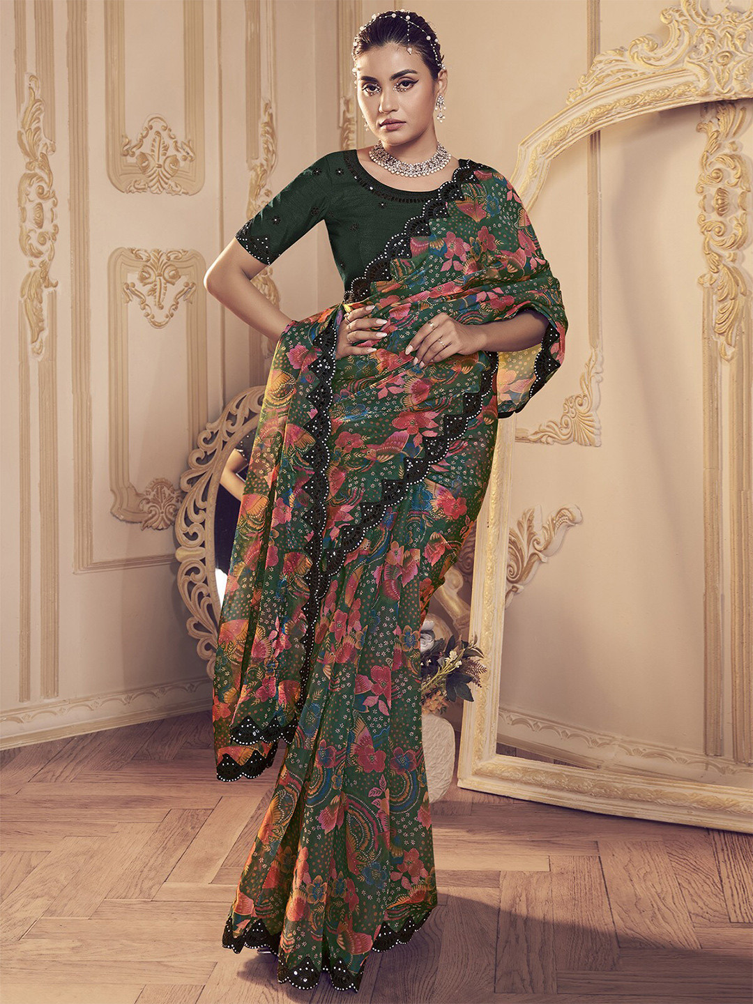 

ODETTE Ethnic Motifs Beads and Stones Saree, Green