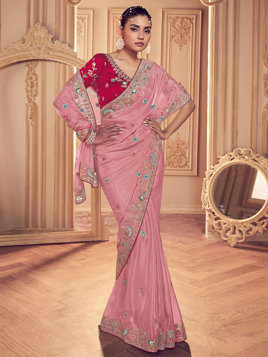 ODETTE Ethnic Motifs Embroidered Georgette Saree, Pink