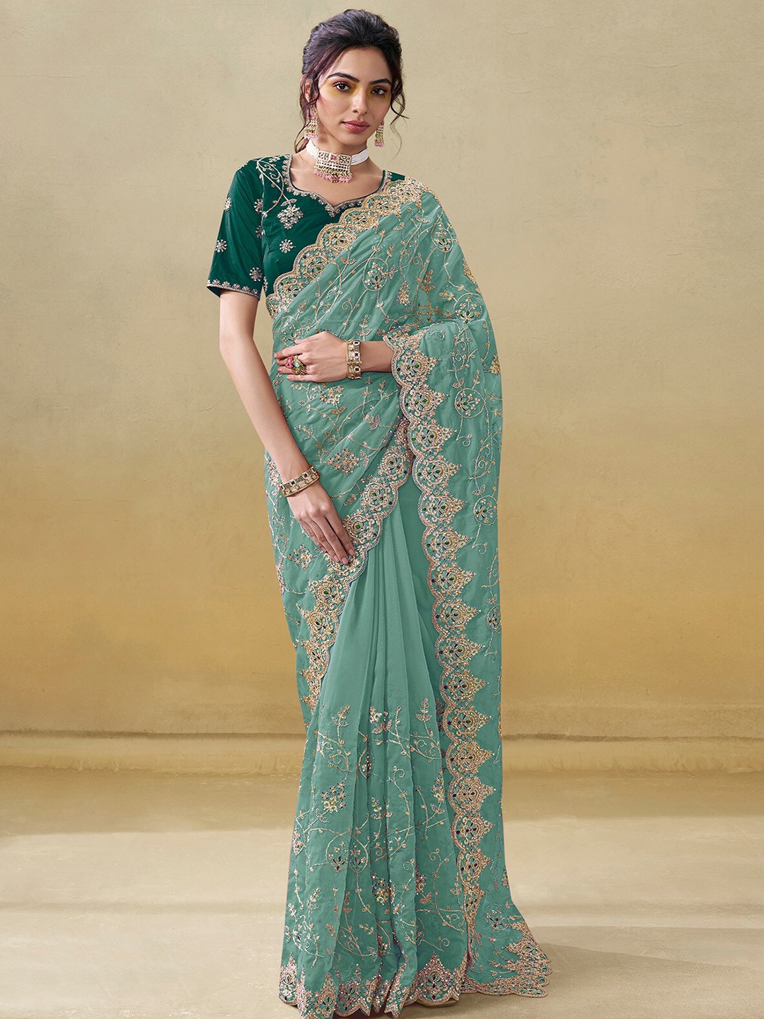 

ODETTE Ethnic Motifs Beads and Stones Organza Saree, Sea green