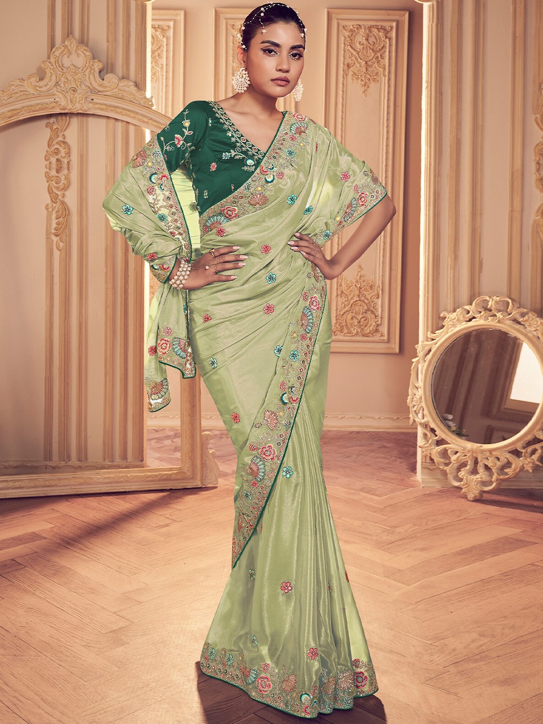 

ODETTE Ethnic Motifs Embroidered Beads and Stones Georgette Saree, Green