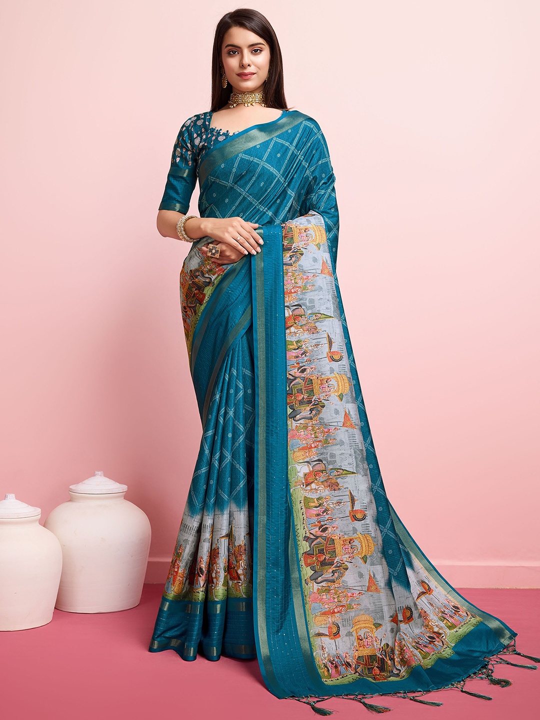 

Mitera Kalamkari Zari Pure Silk Saree, Teal