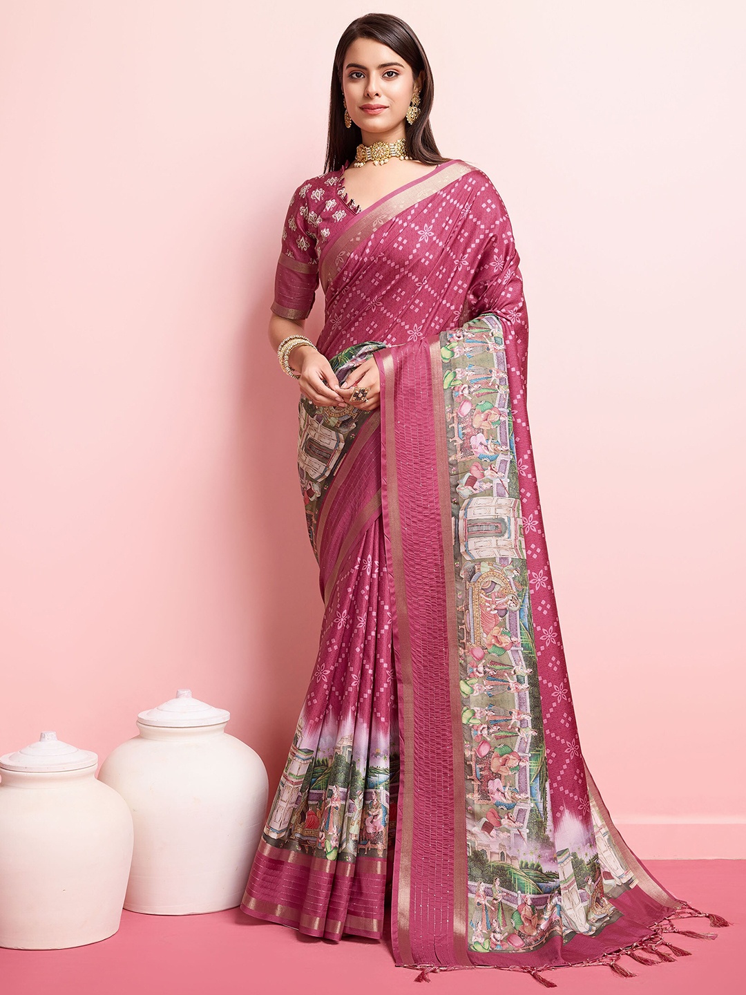 

Mitera Kalamkari printed Zari Pure Silk Saree, Pink