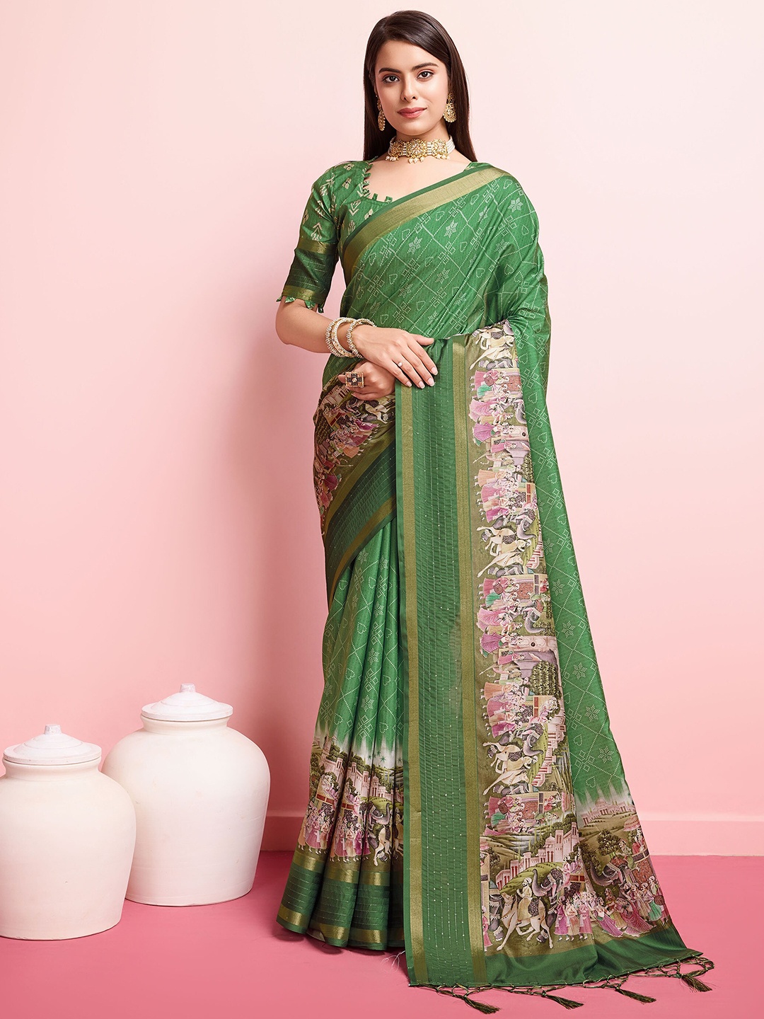 

Mitera Kalamkari Printed Zari Pure Silk Saree, Green