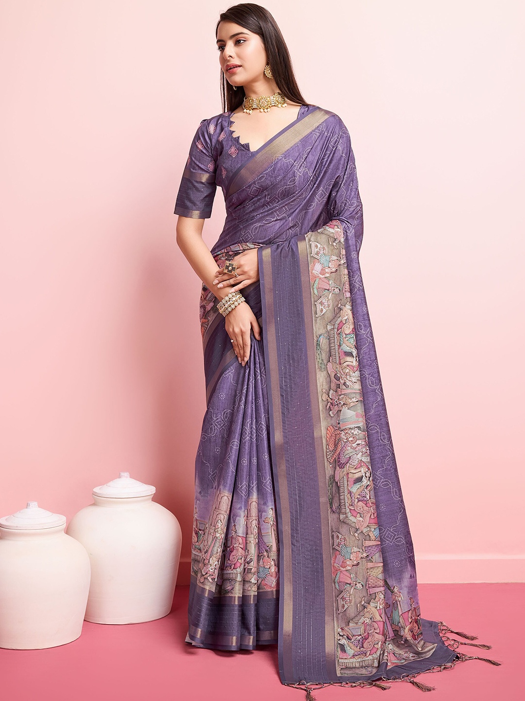 

Mitera Kalamkari Printed Zari Pure Silk Saree, Purple