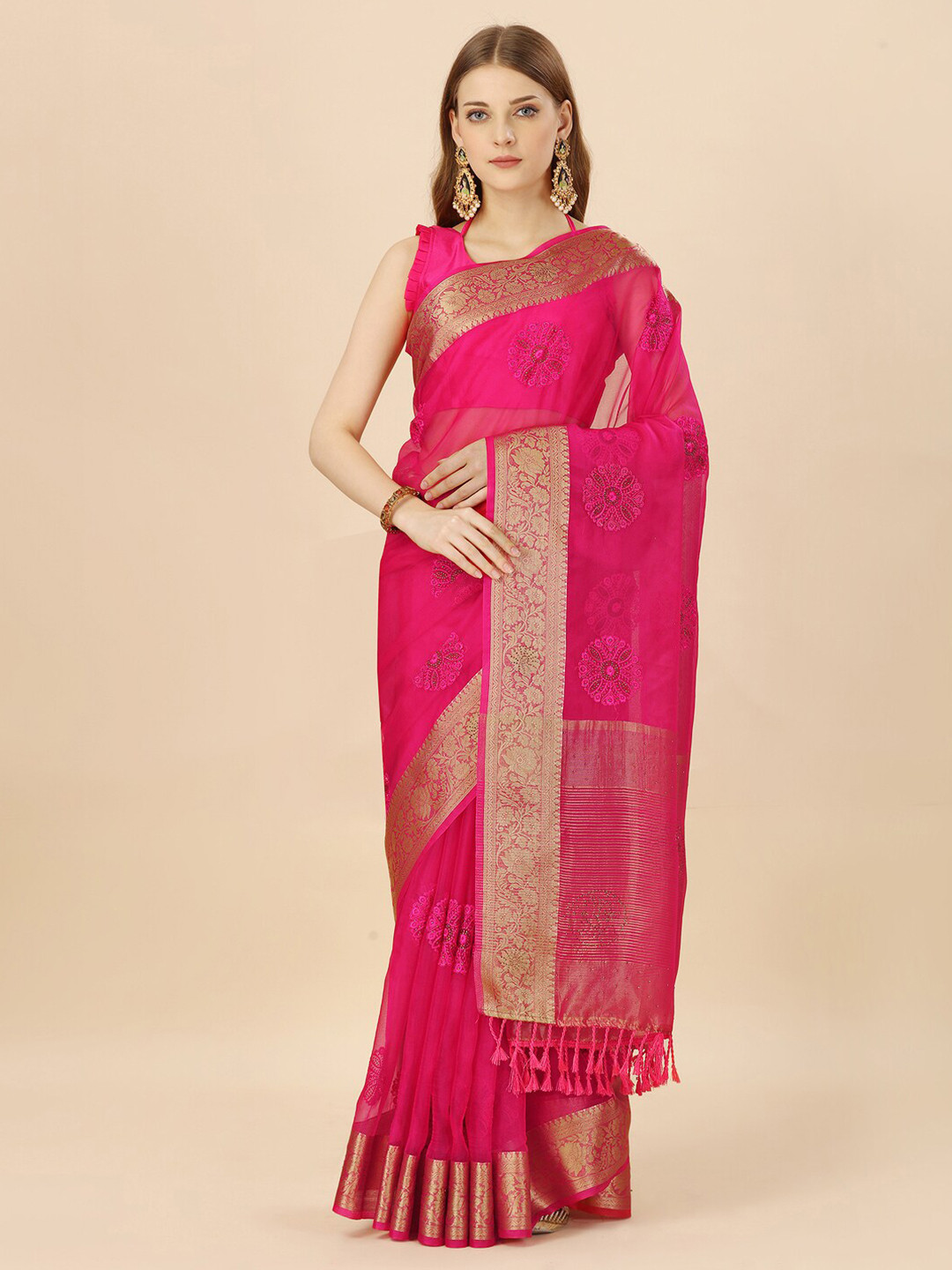

HERE&NOW Ethnic Motifs Woven Design Zari Organza Saree, Pink