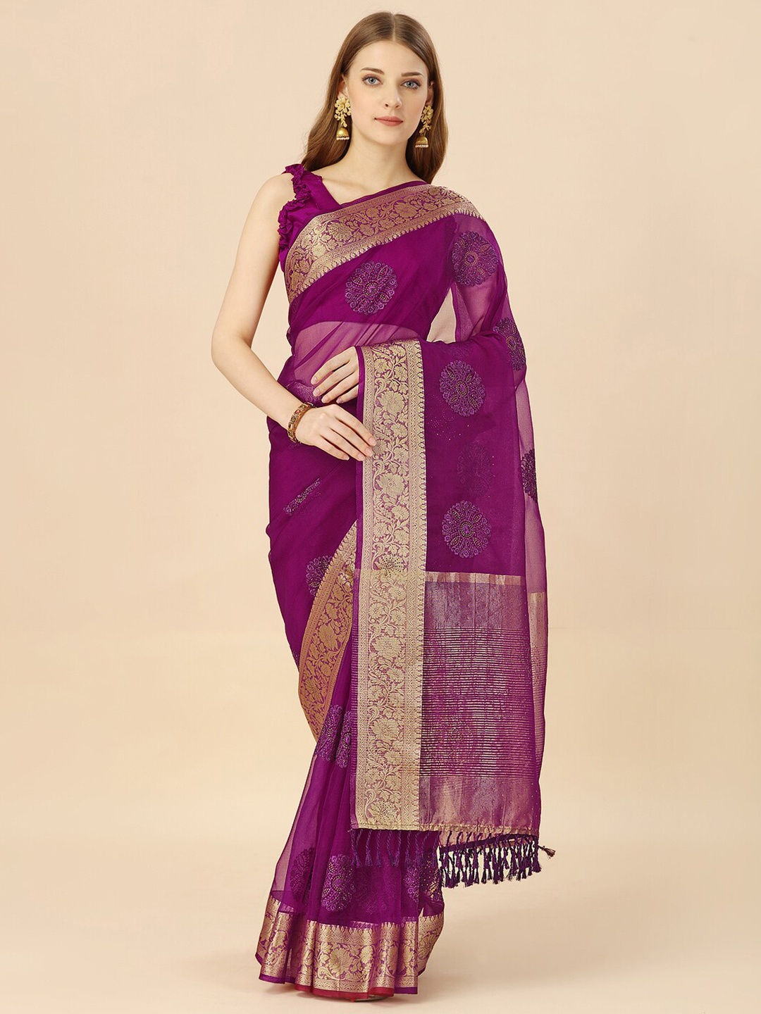 

HERE&NOW Ethnic Motifs Zari Organza Saree, Purple