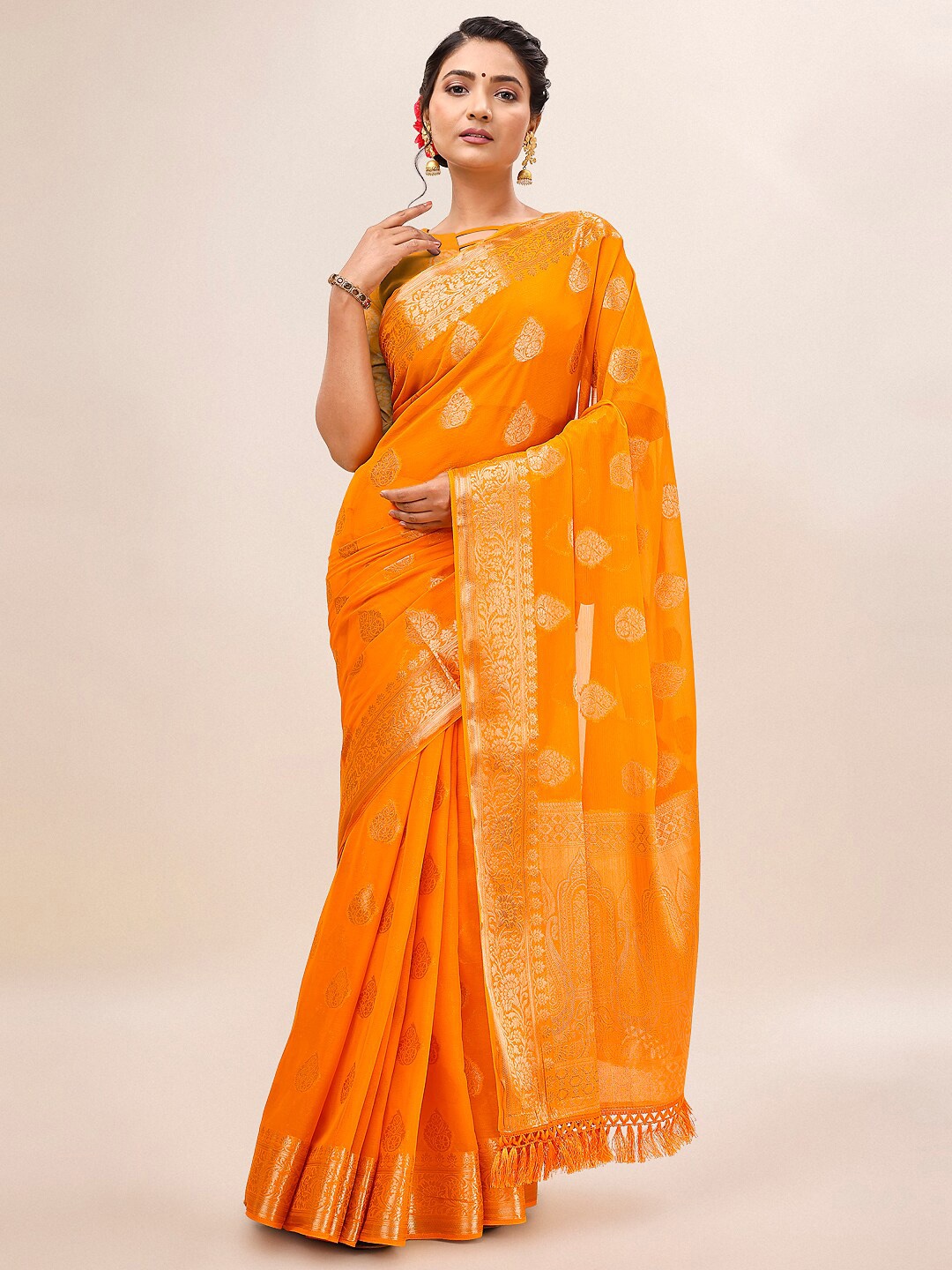 

HERE&NOW Ethnic Motifs Zari Pure Chiffon Saree, Yellow