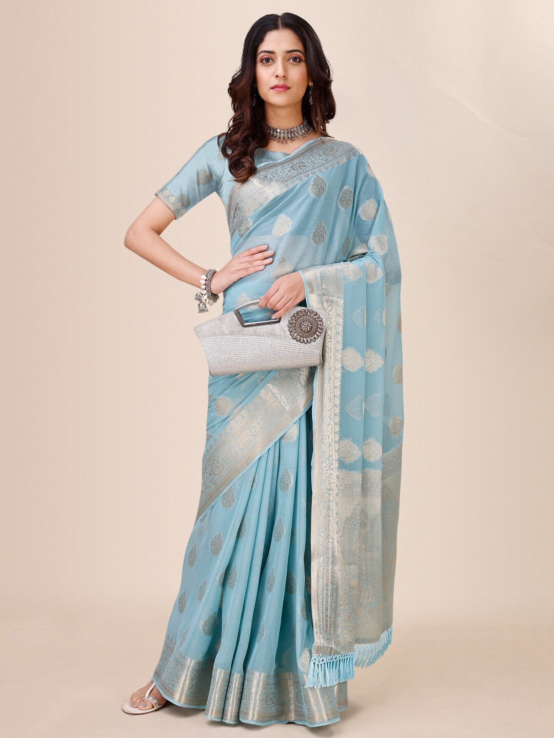 

HERE&NOW Ethnic Motifs Woven Design Zari Pure Chiffon Saree, Blue