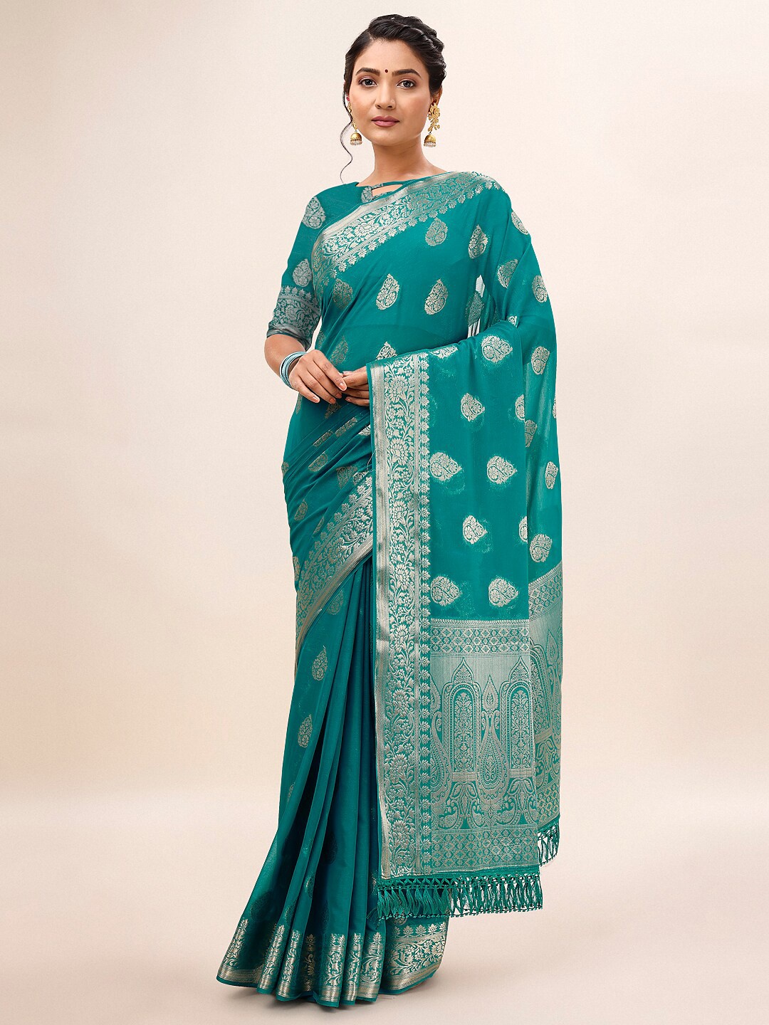 

HERE&NOW Ethnic Woven Design Zari Pure Chiffon Saree, Turquoise blue