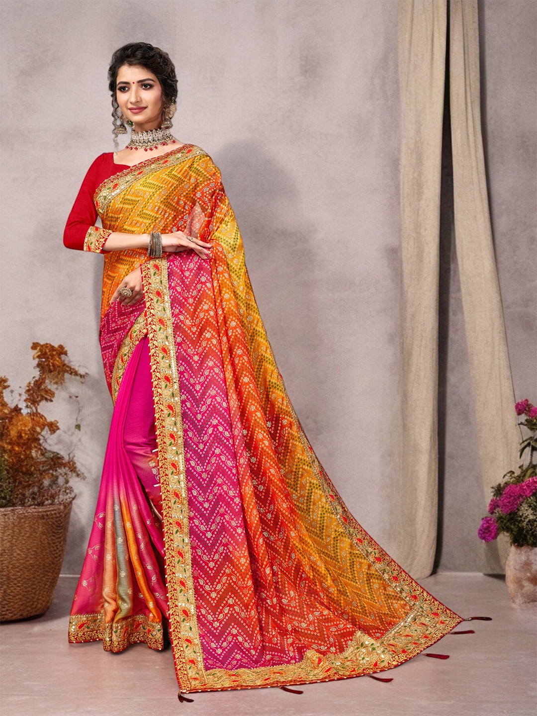 

Ambuja International Foil Printed Embroidered Pure Georgette Bandhani Saree, Pink