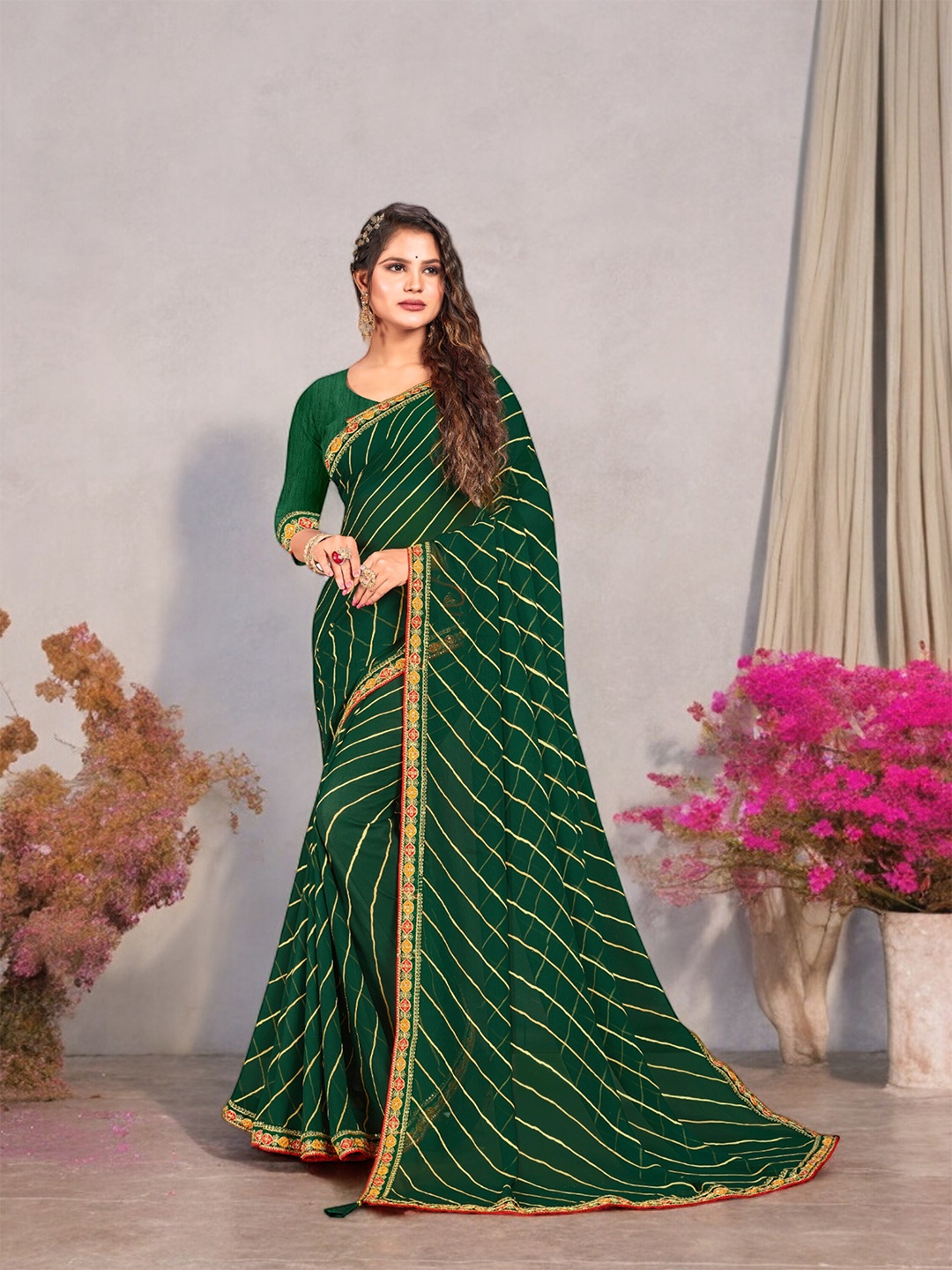 

Ambuja International Printed Embroidered Pure Georgette Leheriya Saree, Green