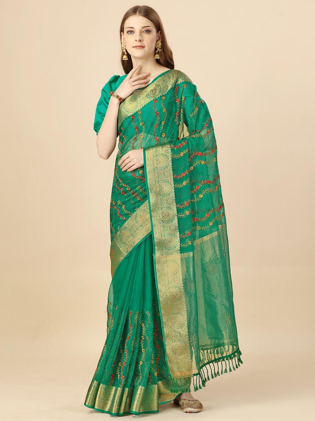

HERE&NOW Floral Printed Zari Organza Saree, Green