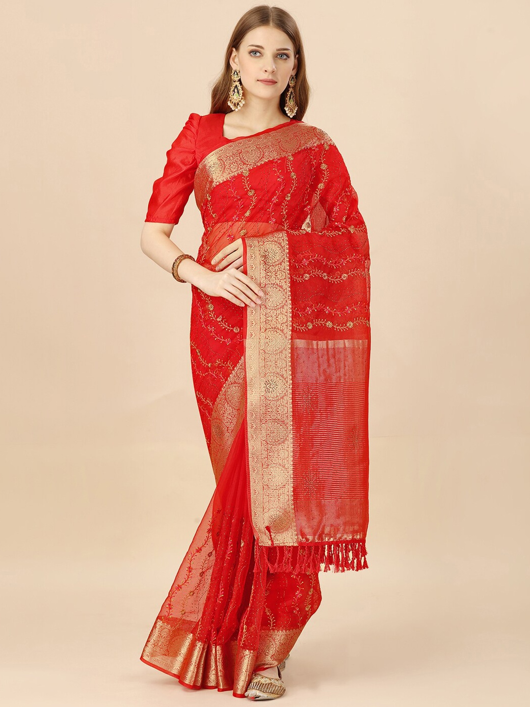 

HERE&NOW Red Floral Embroidered Zari Organza Saree