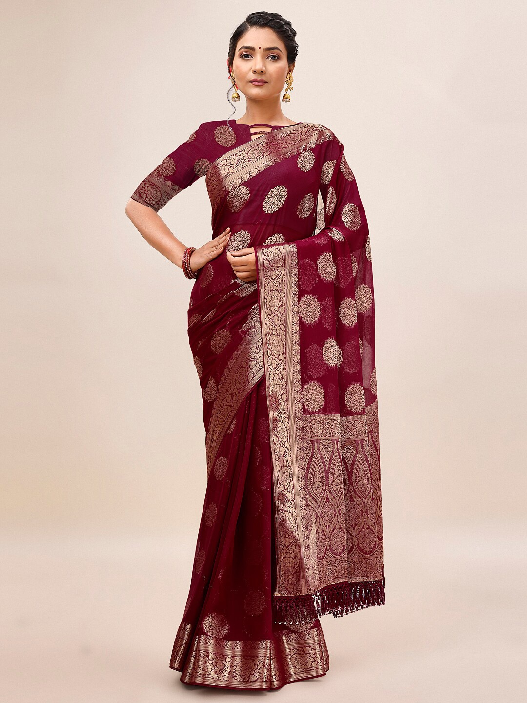 

HERE&NOW Ethnic Motifs Woven Design Zari Pure Chiffon Saree, Maroon