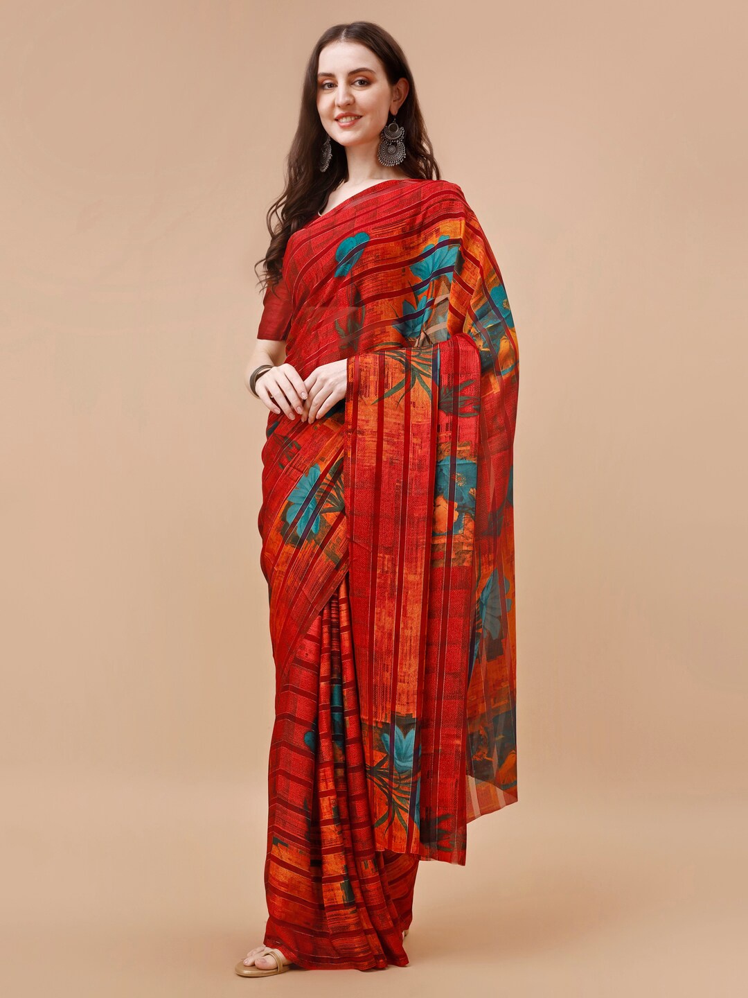 

HERE&NOW Floral Printed Pure Georgette Saree, Maroon