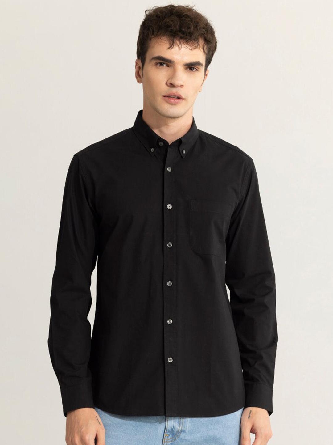 

Snitch Classic Slim Fit Button-Down Collar Cotton Casual Shirt, Black
