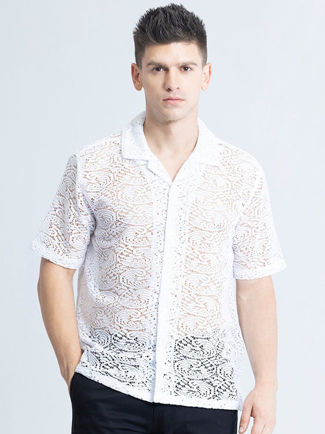

Snitch Classic Self Designed Cuban Collar Oversized Shirt, White