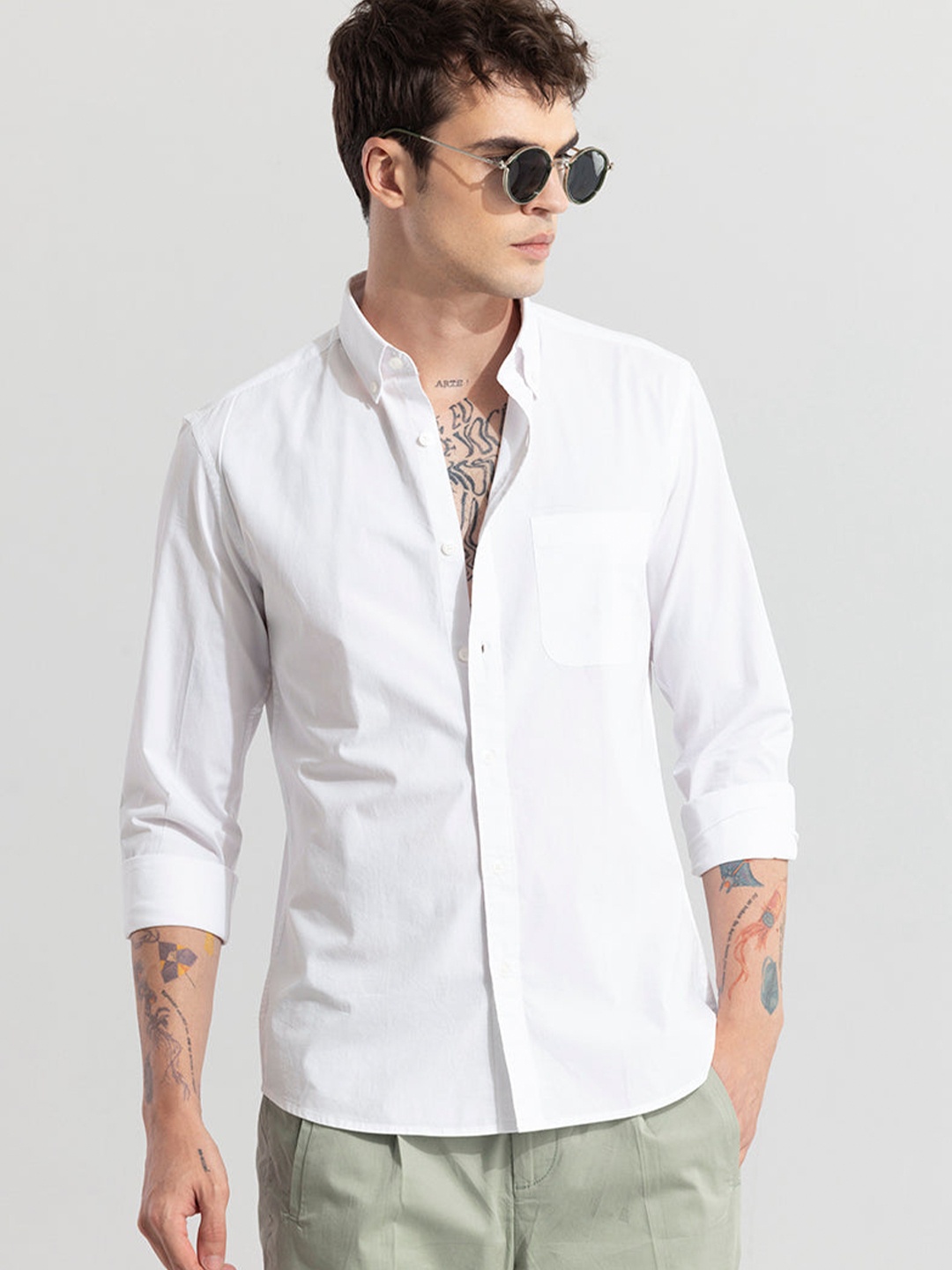 

Snitch Classic Slim Fit Button Down Collar Pure Cotton Casual Shirt, White