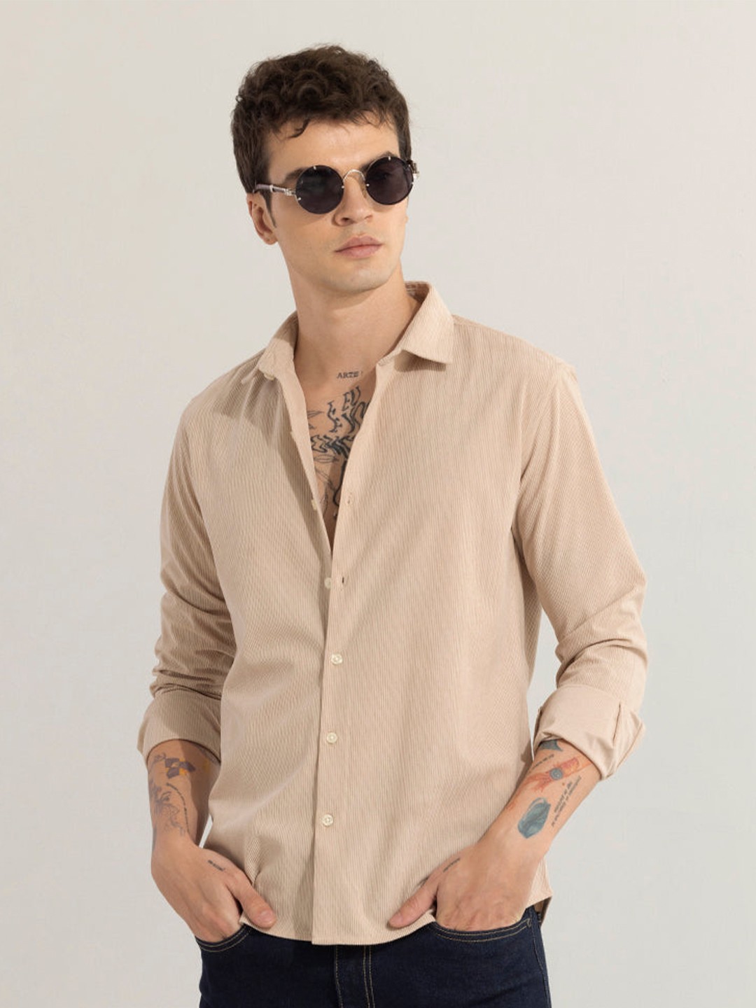 

Snitch Classic Slim Fit Spread Collar Casual Shirt, Cream