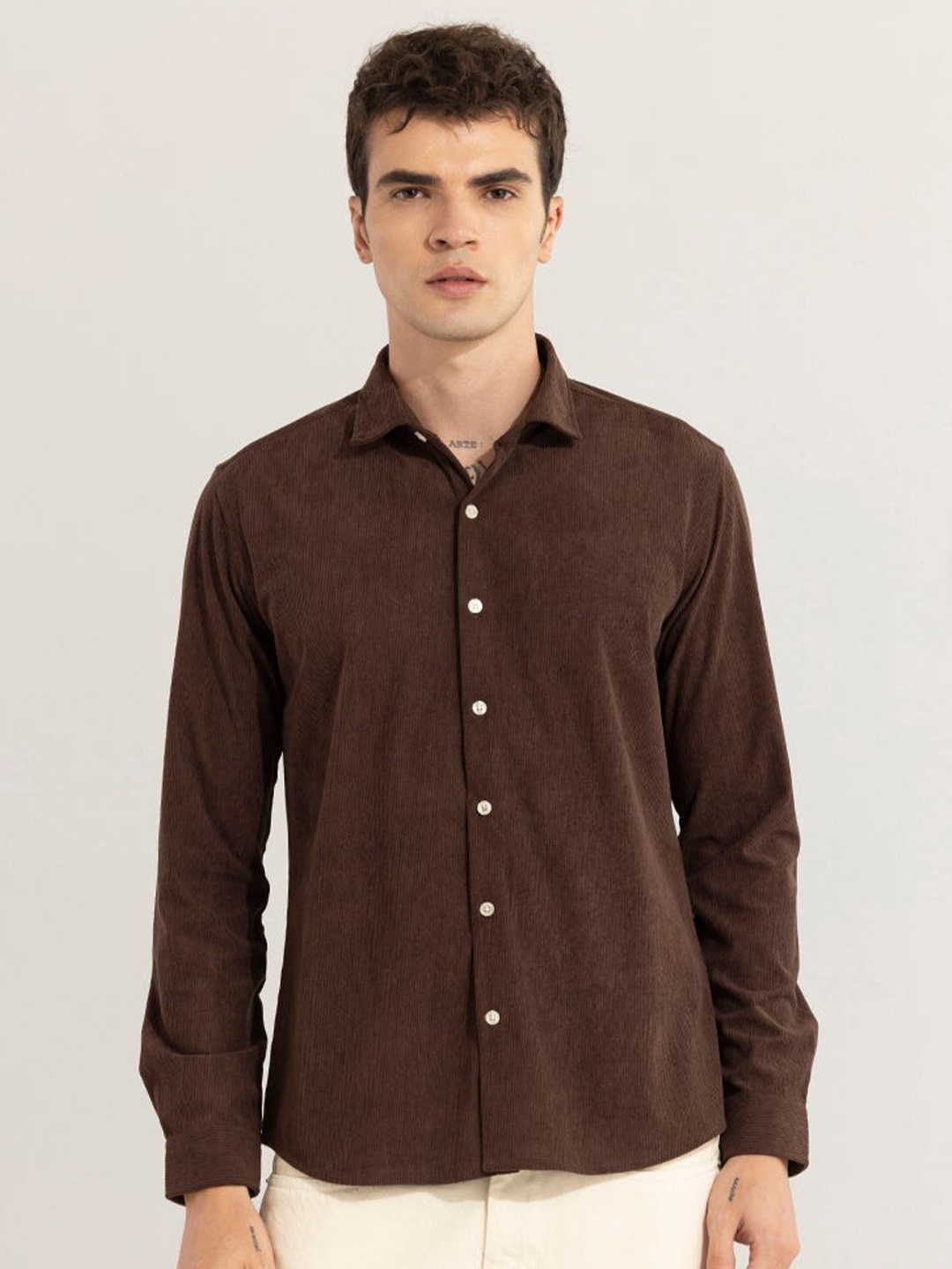 

Snitch Spread Collar Long Sleeves Classic Slim Fit Printed Casual Shirt, Brown