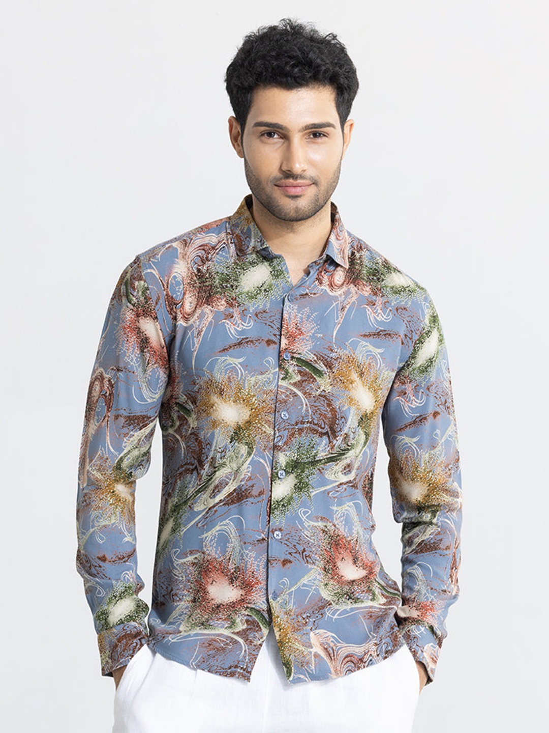 

Snitch Classic Slim Fit Abstract Printed Spread Collar Casual Shirt, Grey