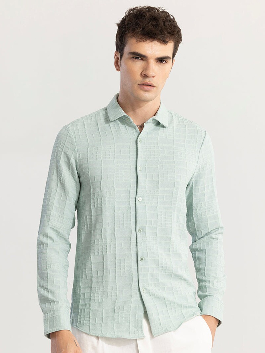 

Snitch Classic Green Slim Fit Spread Collar Checked Casual Shirt