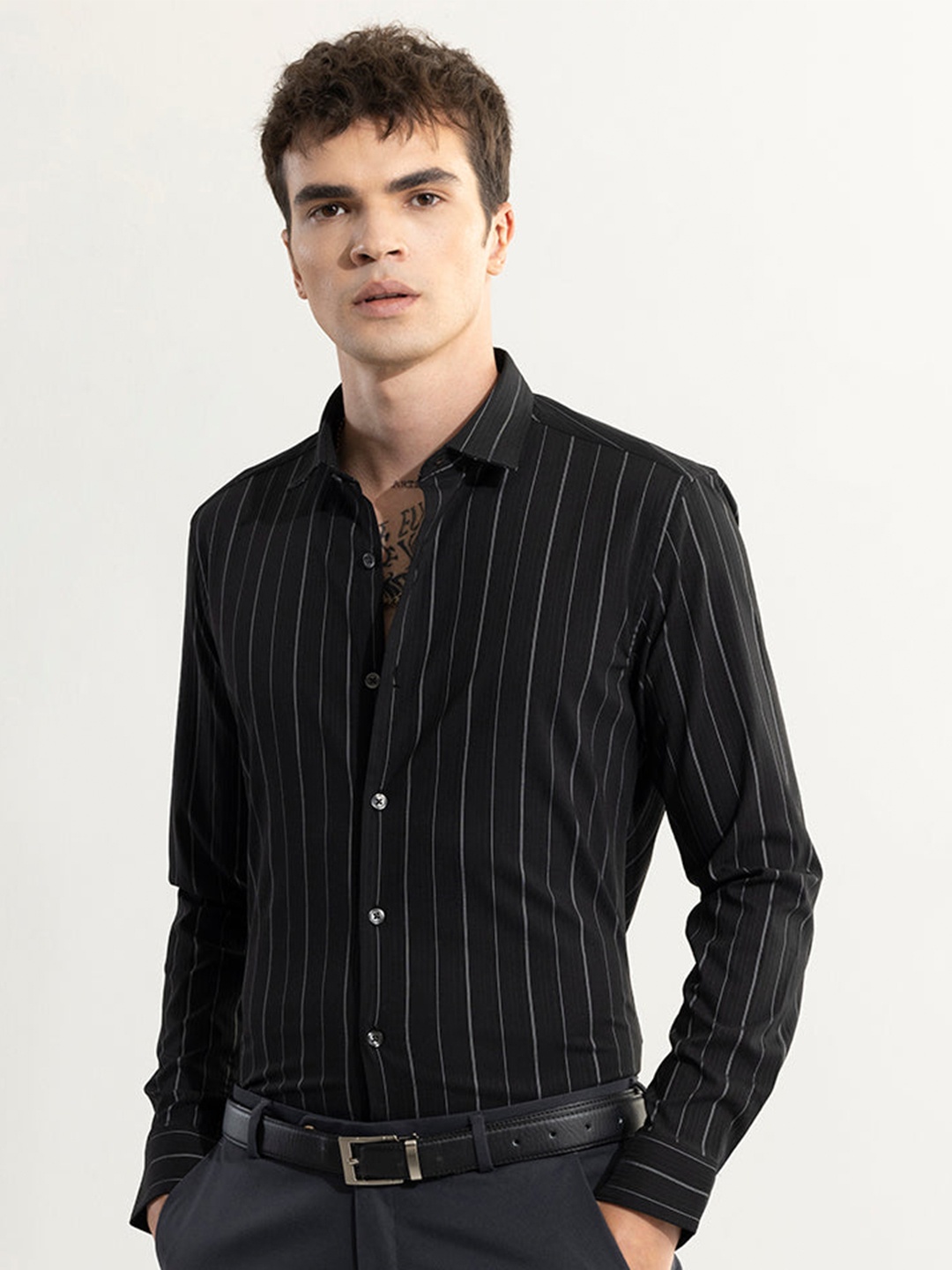 

Snitch Classic Slim Fit Vertical Striped Spread Collar Casual Shirt, Black