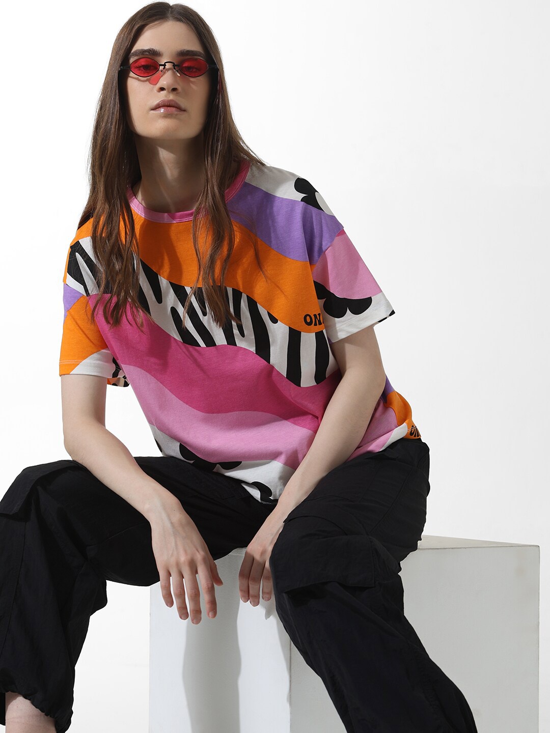 

ONLY ONLJOEY NUTS SS Abstract Printed Round Neck Pure Cotton T-shirt, Orange