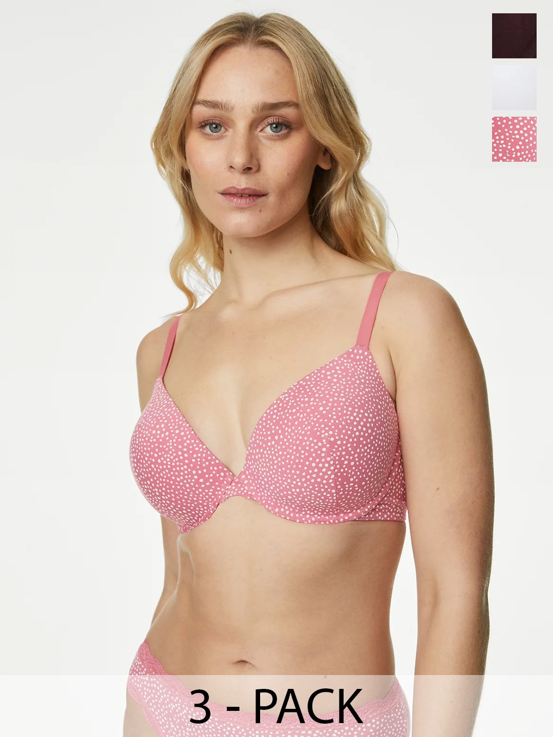 

Marks & Spencer Pack Of 3 Printed Full Coverage T-shirt Bras With All Day Comfort, Pink