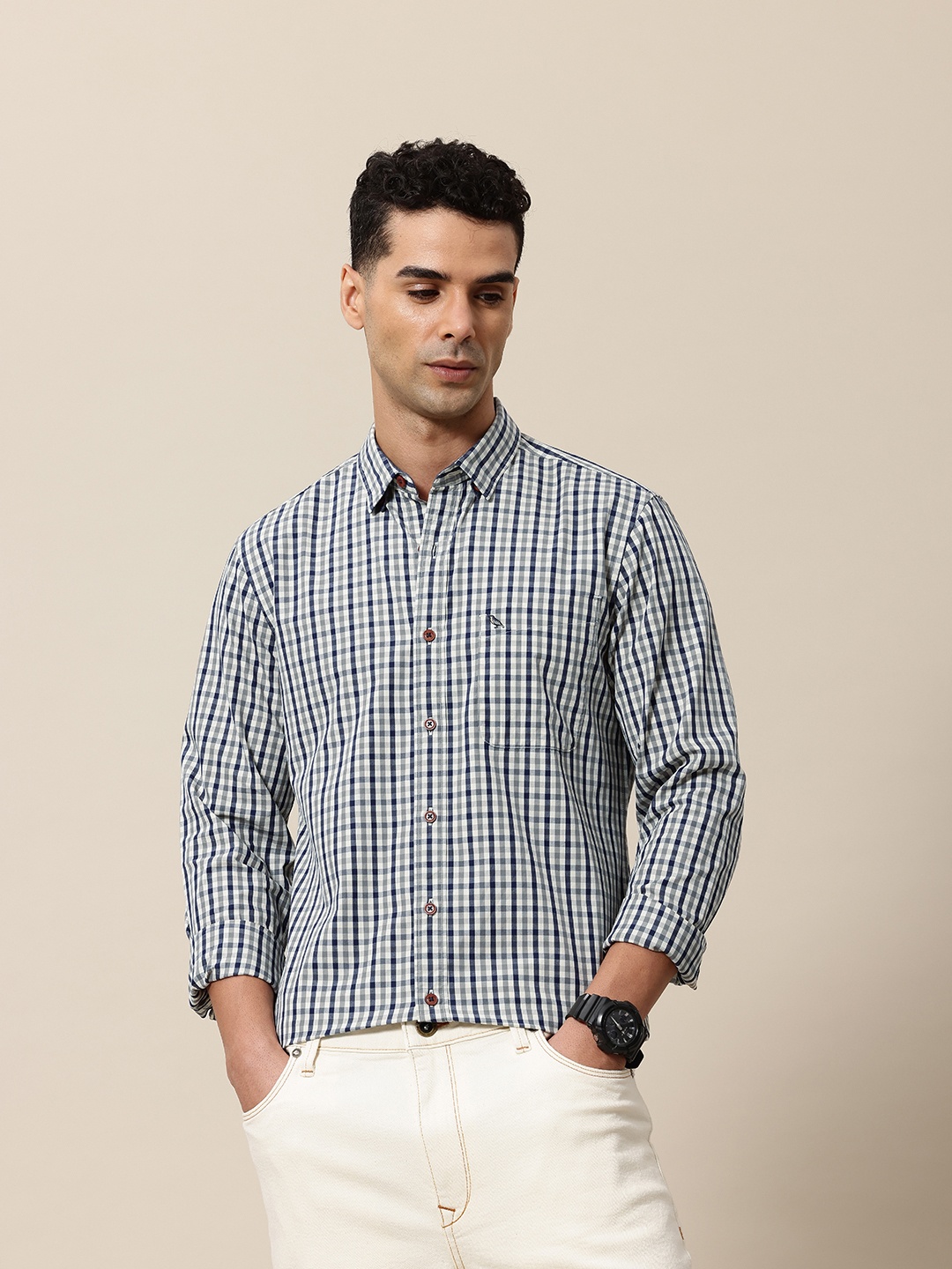 

Mr Bowerbird Men Premium Checked Pure Cotton Casual Shirt, White