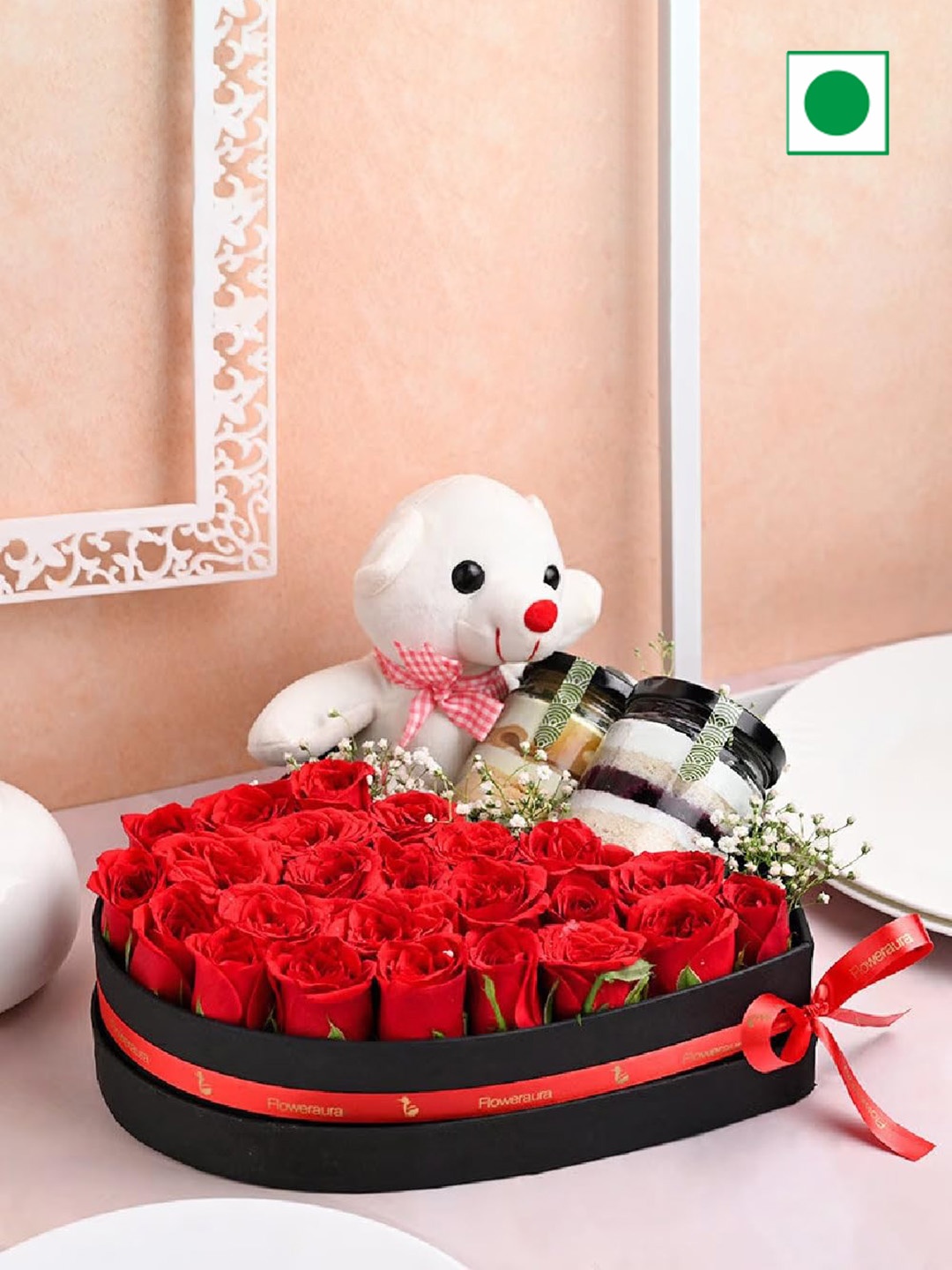 Floweraura 2 Jar Cakes & Bunch of Fresh 25 Roses With Teddy, Red