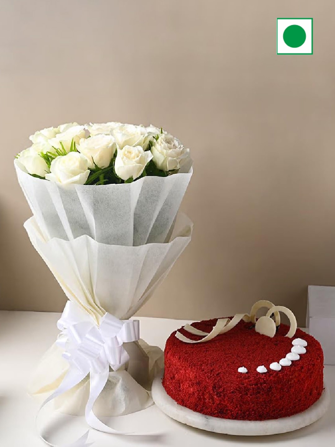 

Floweraura Fresh Live 12 White Rose Flower Bouquet with Eggless Red Velvet Cake -500g