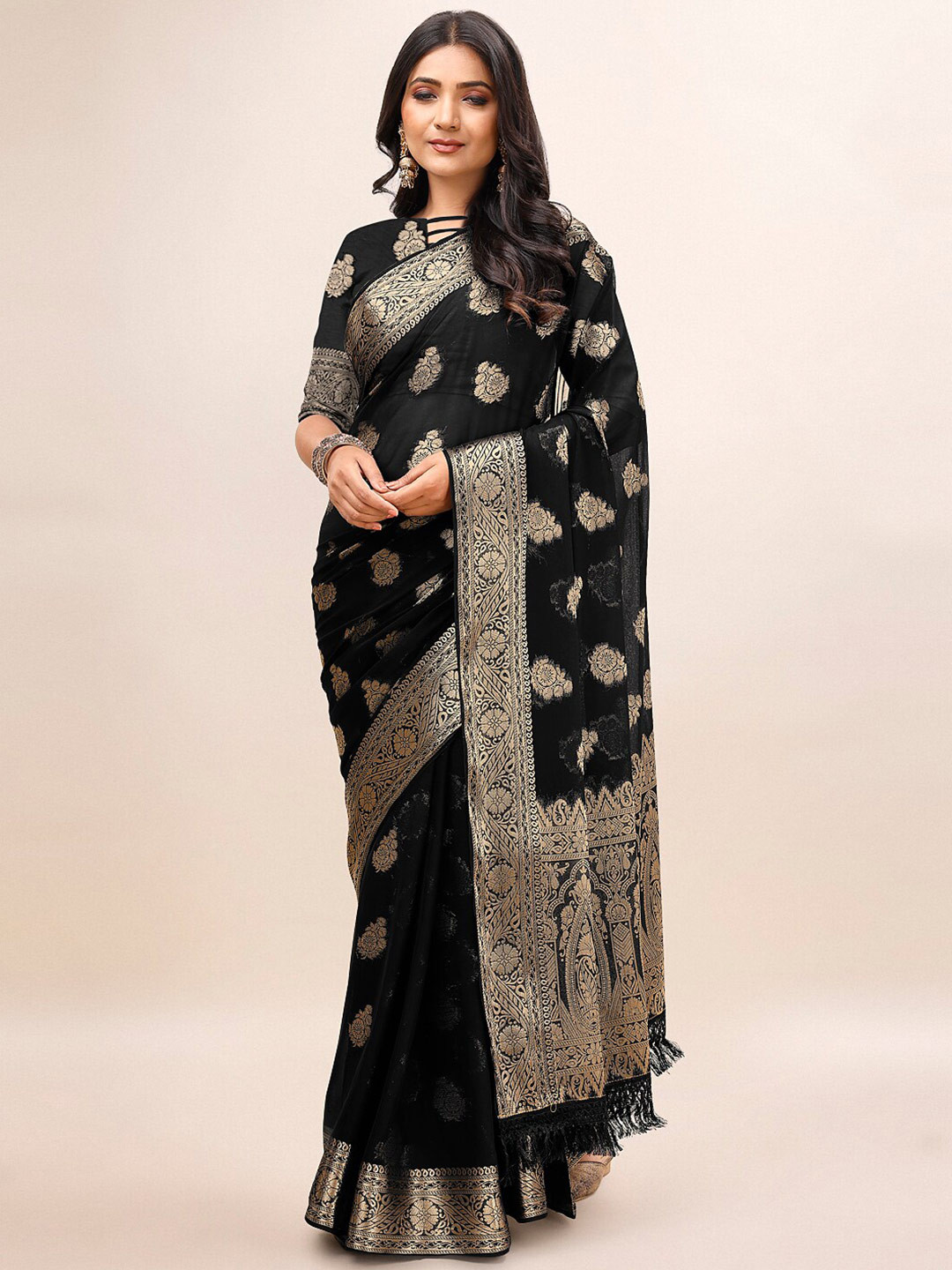 

HERE&NOW Ethnic Motifs Woven Design Zari Pure Chiffon Saree, Black