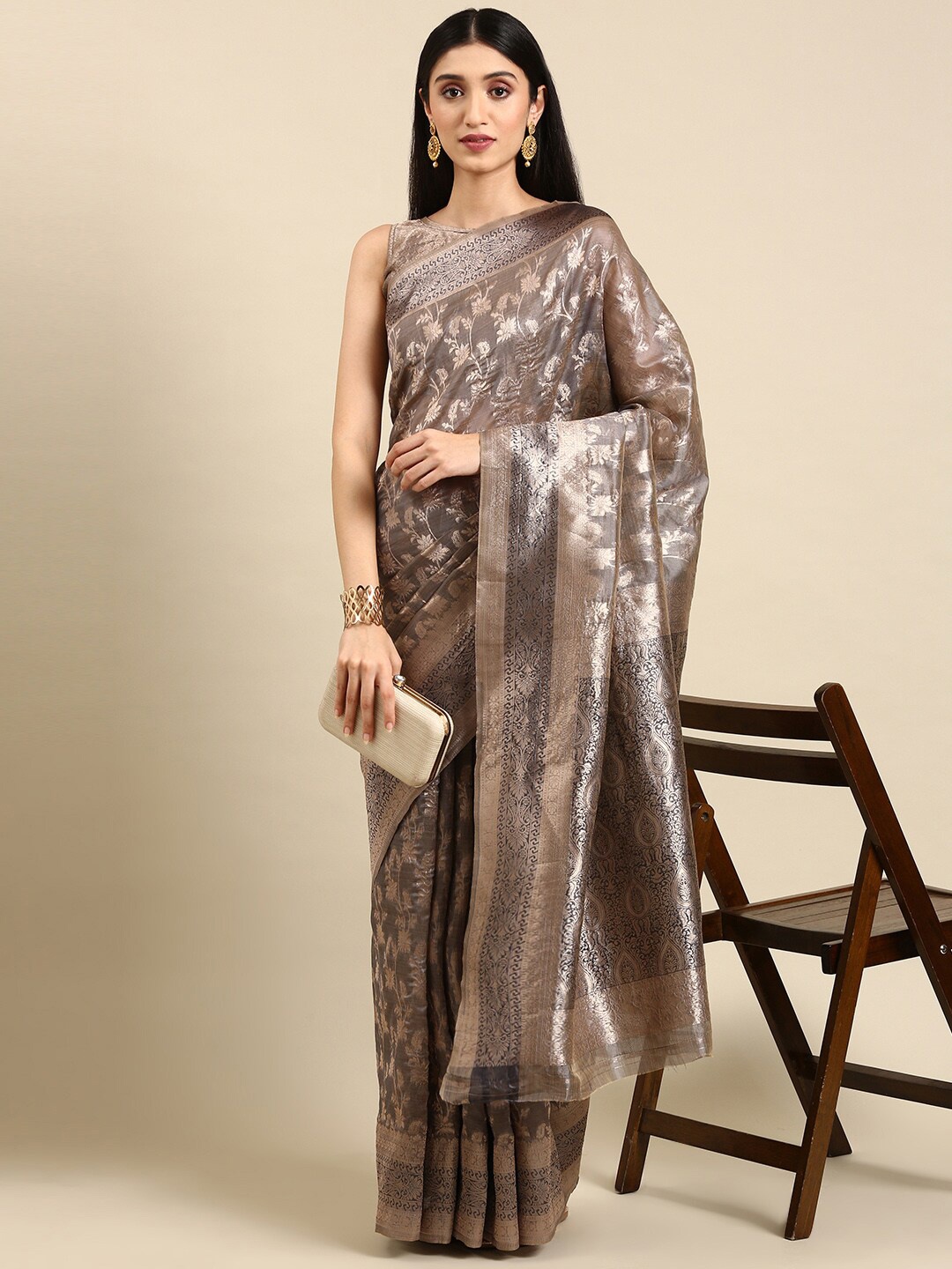 

Civamee Floral Woven Design Organza Banarasi Zari Saree, Grey