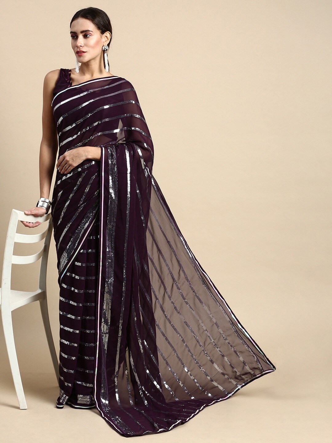 

Civamee Striped Embroidered Sequinned Saree, Purple