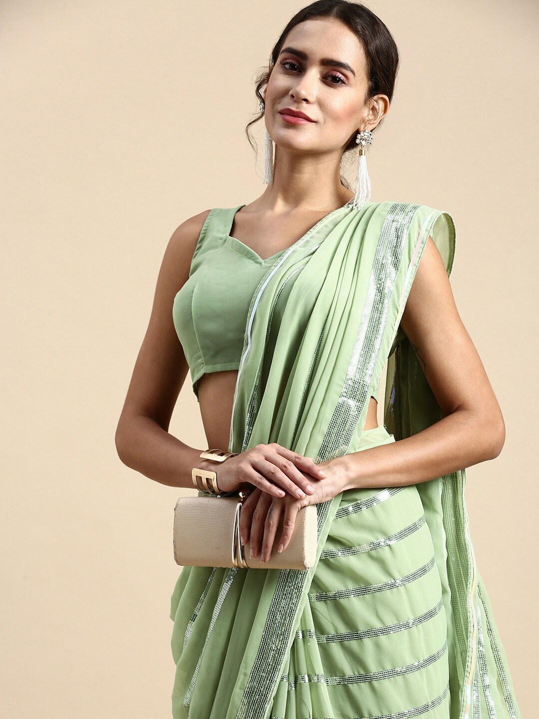 

Civamee Embellished Sequinned Saree, Olive