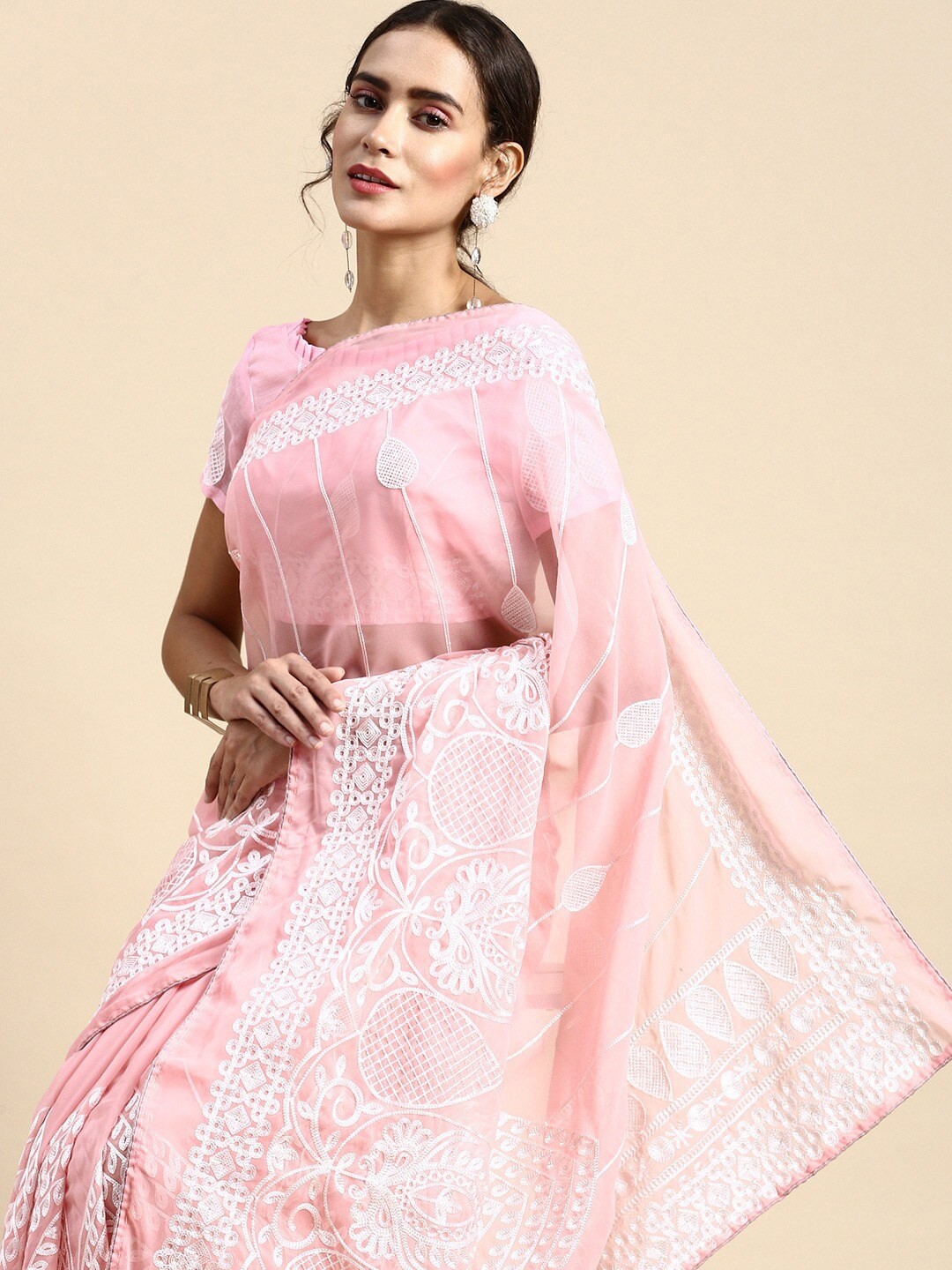 

Civamee Ethnic Motifs Embroidered Saree, Peach