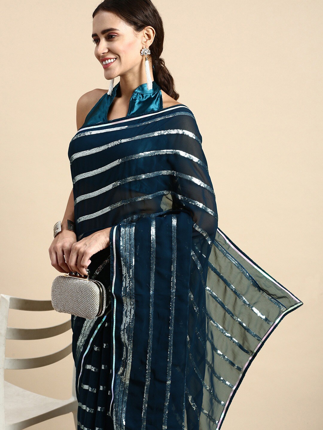 

Civamee Embellished Sequinned Saree, Teal