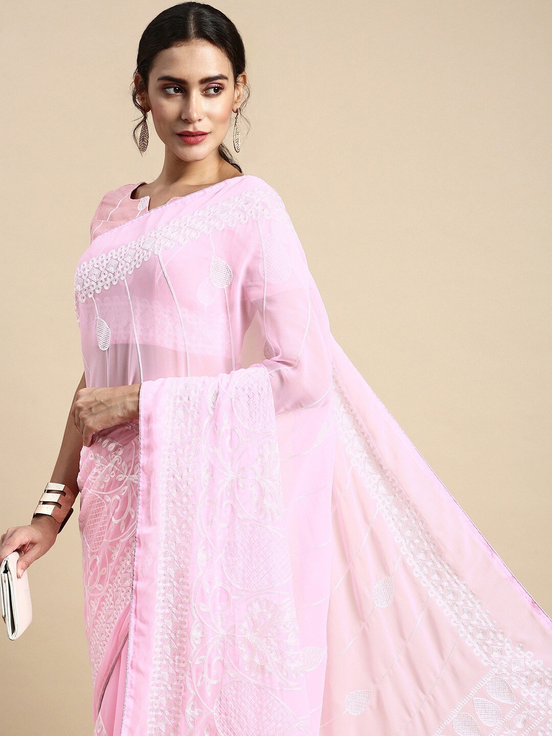

Civamee Ethnic Motifs Embroidered Saree, Pink
