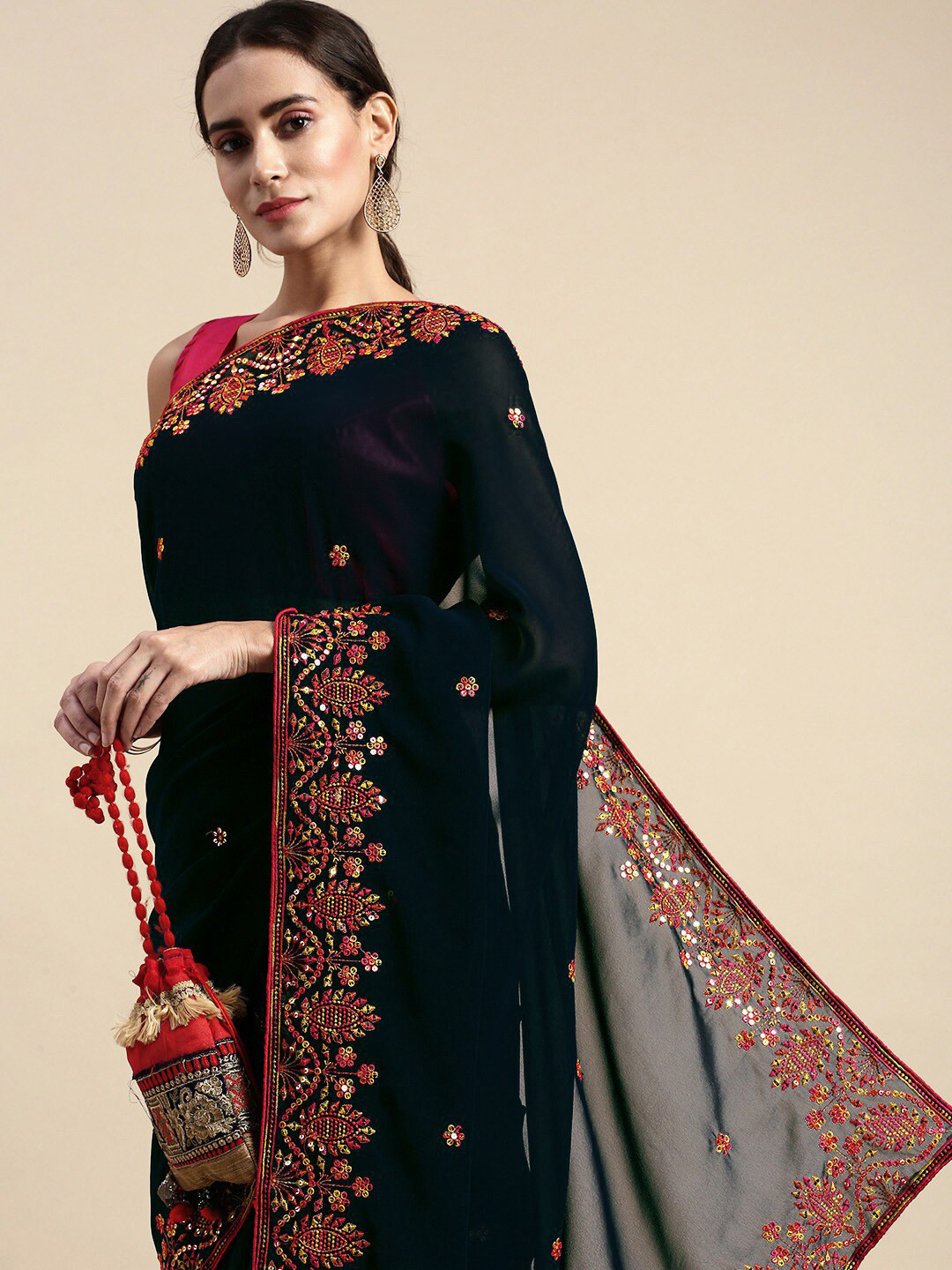 

Civamee Floral Embroidered Saree, Black