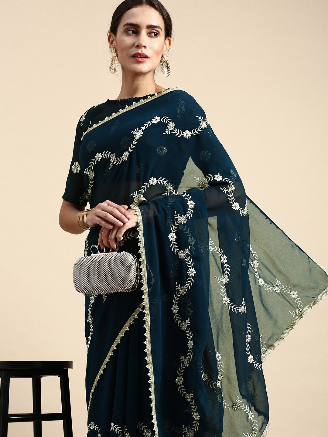 

Civamee Embellished Sequinned Poly Georgette Saree, Teal