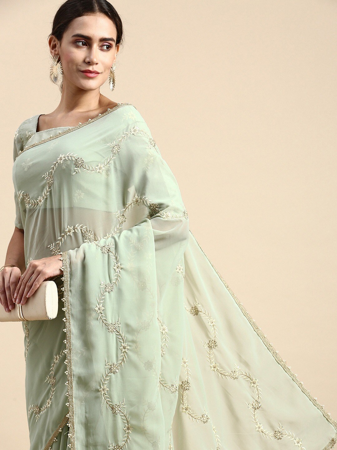 

Civamee Embellished Sequinned Poly Georgette Saree, Olive