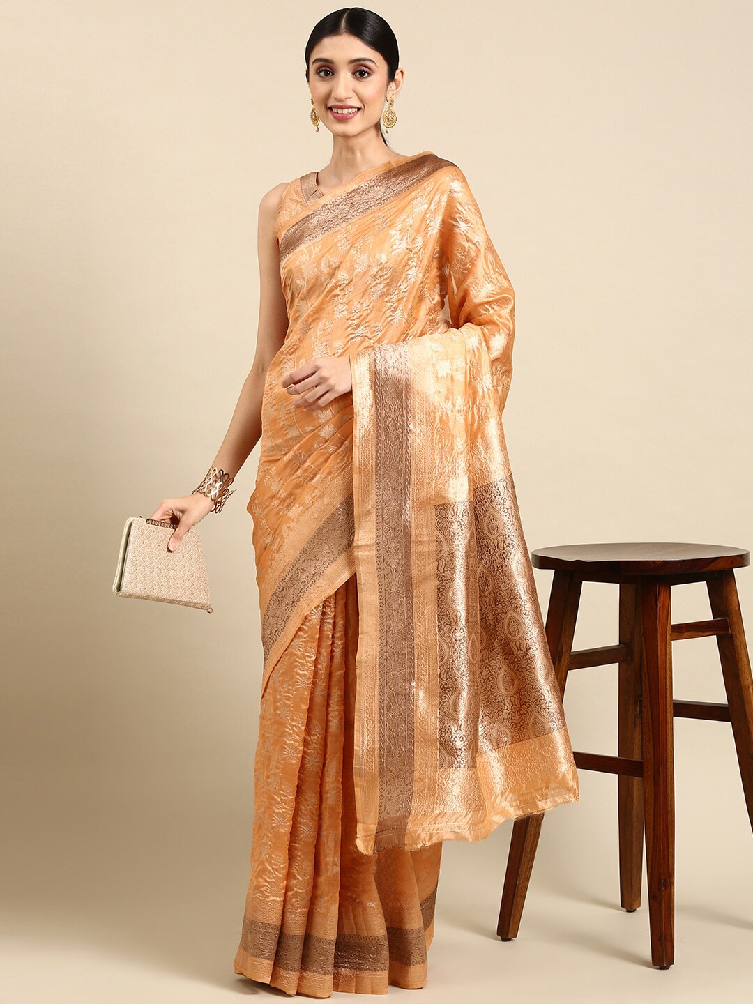 

Civamee Ethnic Motifs Woven Design Zari Organza Banarasi Saree, Orange