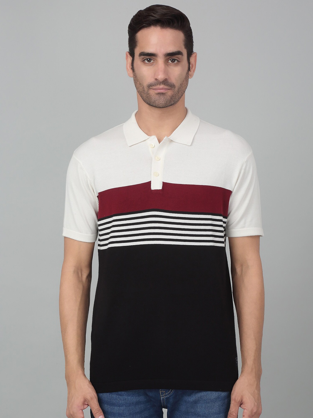 Cantabil Striped Polo Collar Cotton T-shirt, Black