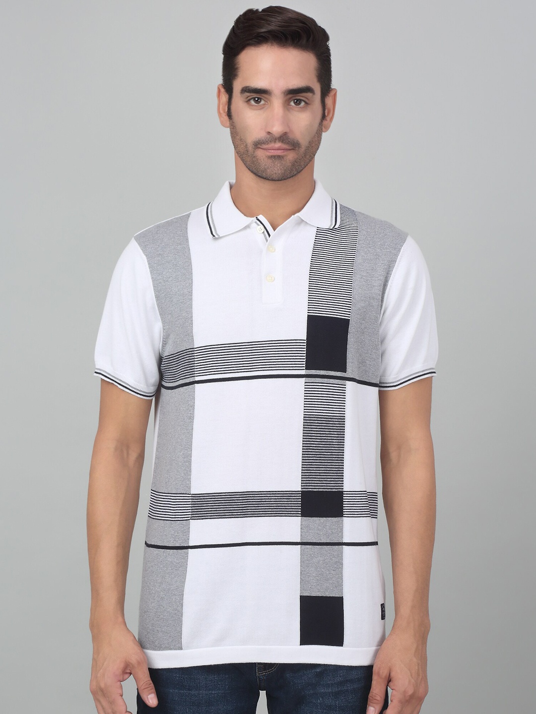 

Cantabil Checked Cotton Polo Collar Casual T-shirt, Off white