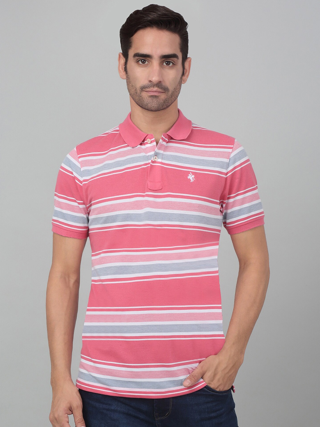 

Cantabil Striped Polo Collar Knitted Cotton Pockets T-shirt, Pink