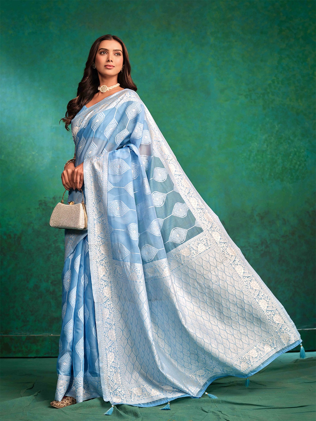 

Sangria Printed Chanderi Silk Saree, Blue